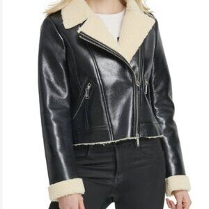 NWOT DKNY Faux-Shearling Black Moto Jacket - Women's Size S